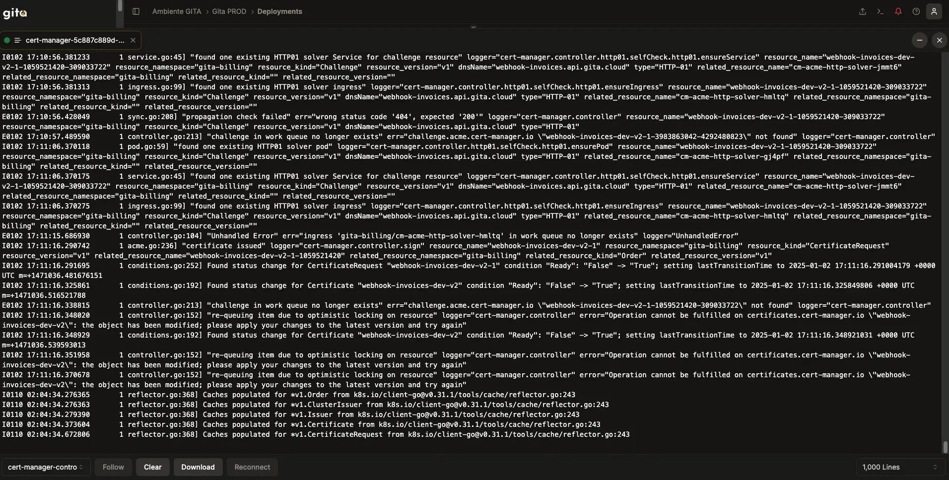 Acesse logs de pod e execute comandos shell em contêineres e no cluster diretamente na interface do Gita. Gerencie e solucione problemas de forma rápida e eficiente com essas ferramentas poderosas.